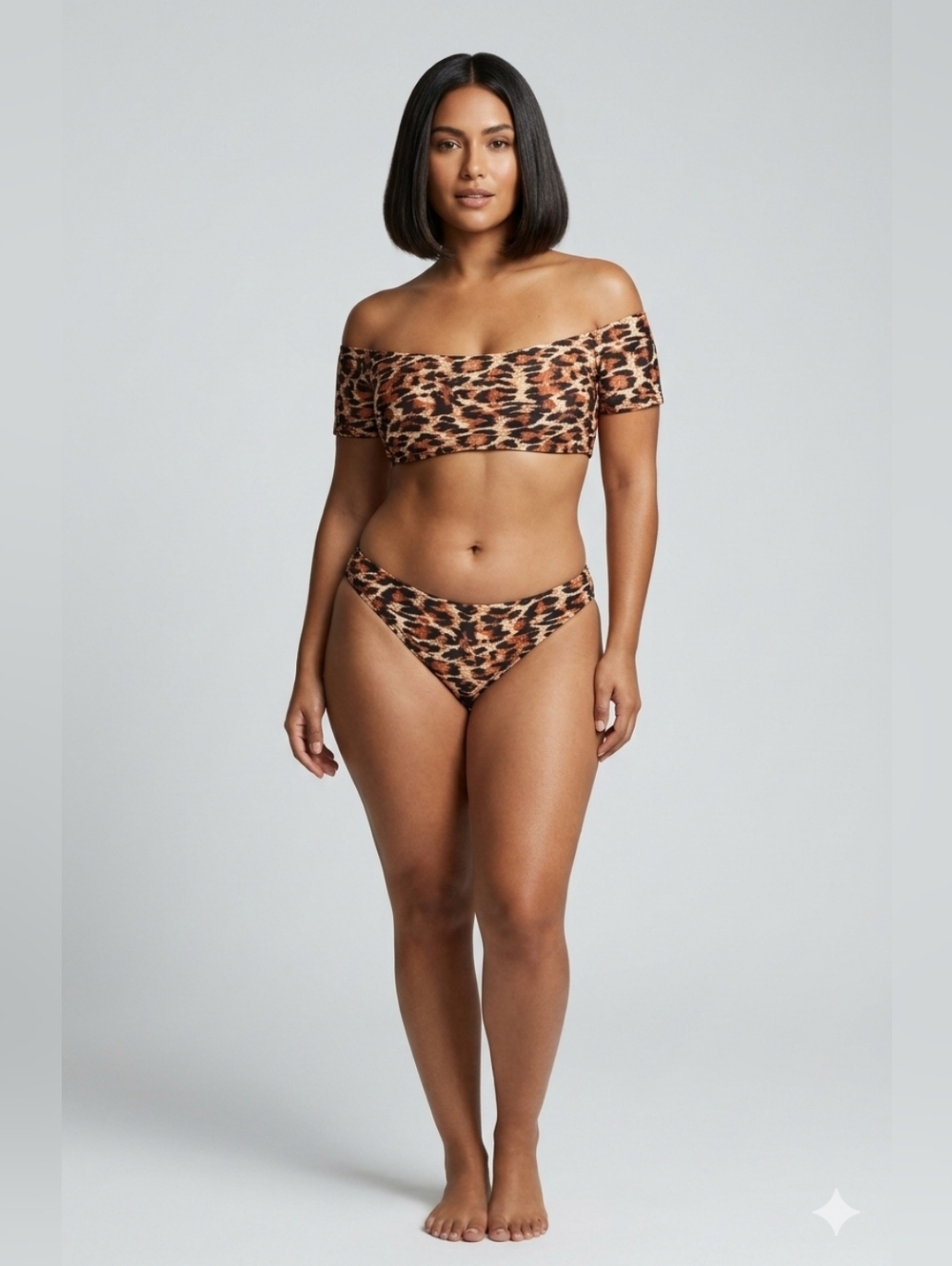 SHEIN Brown Leopard Print Off-Shoulder Bikini Set